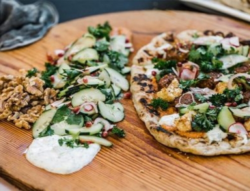 Walnut Falafel Flatbread with Red Pepper Walnut Tahini