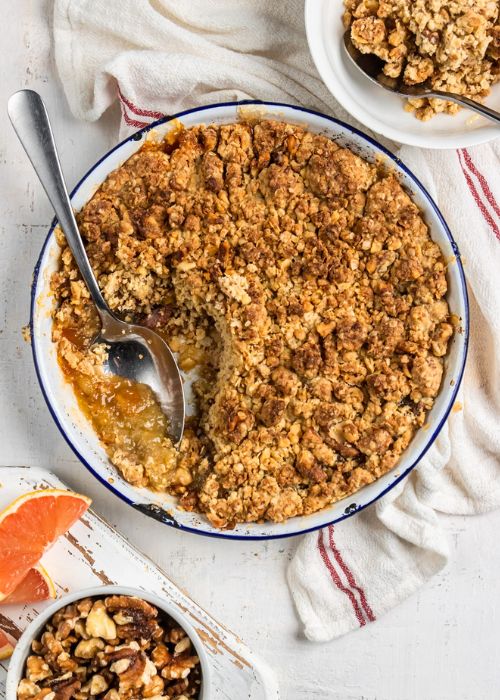 Apple and Florida Grapefruit Crumble with California Walnuts in a dish