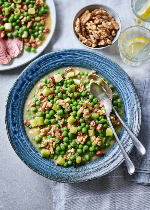 Braised Peas with Pancetta and Walnuts