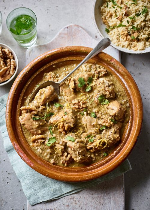 Chicken Walnut and Olive Tagine in a dish
