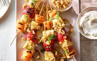fruit kebabs with walnut salsa