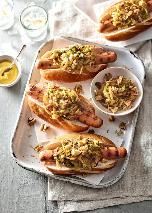 hot dogs with walnut mustard relish