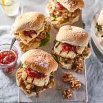 pulled aubergine halloumi walnut sliders