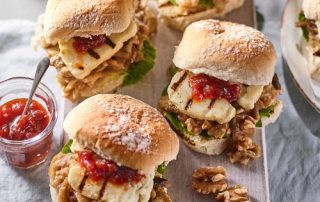 pulled aubergine halloumi walnut sliders