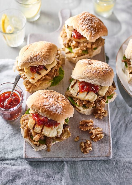 pulled aubergine halloumi walnut sliders