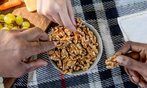 3 hands taking walnuts from a bowl on a picnic blanket