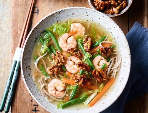 Soba Noodles With Teriyaki Walnuts And Prawns